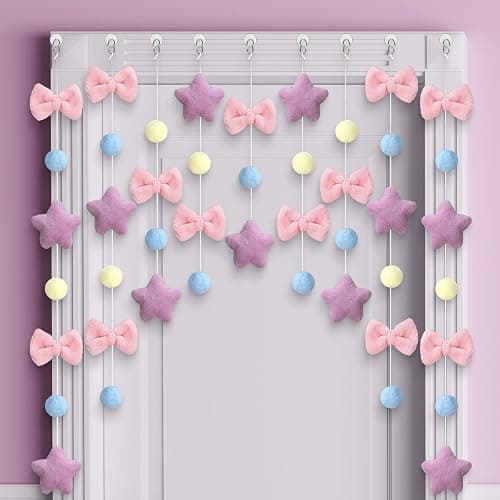 Fanfanwin Cute Plush Pink Bow Door Curtain Kawaii Cutecore Room Decor 33" L x 35" W Fluffy Bowknot Purple Star Pentacle Garland Curtain for Women Bedroom Door Window Wall Party Decor - Image 1