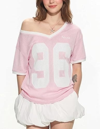 Aelfric Eden Shirt Unisex Y2K 96 Mesh Football Jersey Short Sleeve Tops | V Neck Off Shoulder Streetwear Tshirt, Oversized Casual Cute Summer Top, Vintage Number Print, Breathable Mesh Graphic Tees thumbnail 2
