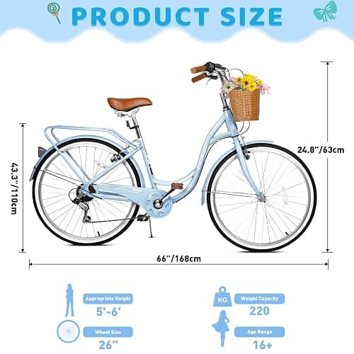 EISYROOD 26 Inch Beach Cruiser Bike for Women, Hybrid Womens Bike with 7 Speed, Adjustable Seat, Lightweight Women Beach Cruiser Bike with Anti-Skid Tires, V-Brakes thumbnail 5