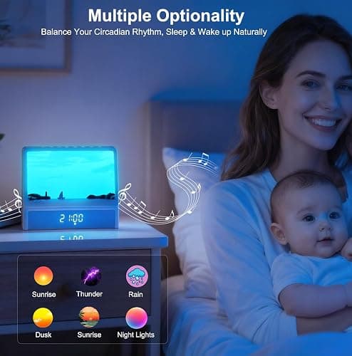Sunrise Alarm Clock for Bedrooms, White Noise Machine Creative Simulated Sunrise Animation with 7 Modes, 12 Natural Sounds, Music Speaker & Remote, Wake Up Light Sunset Lamp Gifts for Heavy Sleepers thumbnail 5
