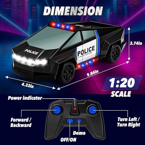 Remote Control Car Toys, 1:20 Police Theme RC Truck with Flashing LED Lights and Loadspace, 2.4 GHz Rechargeable Racing RC Cars Vehicle Toys for Kids Boys Girls 3 5 7 10, Christmas Birthday Gift thumbnail 3
