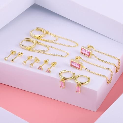 BOUTIQUELOVIN 14K Gold Stud Earrings Set for Women, for Multiple Piercing 925 Silver Plated Studs Earrings and Zirconia Earring Set Small Huggie Hoop Chain Earing thumbnail 2