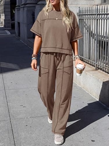 Fisoew Womens 2 Piece Outfits Lounge Sets Short Sleeve Tops and Wide Leg Pants Travel Vacation Casual Matching Sets thumbnail 2