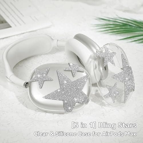 Bling Case Cover for AirPods Max, [5 in 1] Silicone Clear Sparkling Soft TPU Earcup/Ear Pad Case/Headband Cover Glittering Rhinestones Stars Accessories for Apple AirPods Max New USB-C (2024), White thumbnail 2