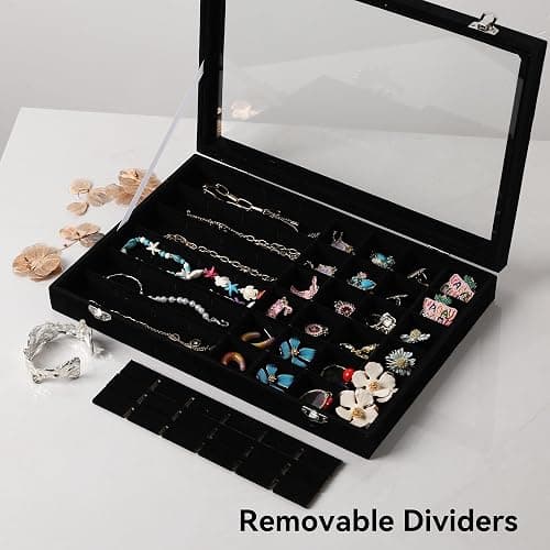 Frebeauty 48 Grid Jewelry Tray,Adjustable Earring Holder Organizer with Glass Lid,Velvet Drawer Jewelry Organizer for Rings,Studs,13.8 x 9.5 x 2 Inches Jewelry Display Box,Gift for Women(Black) thumbnail 6