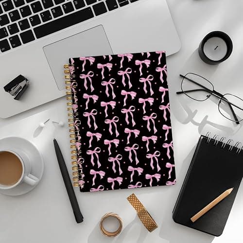 LIANGW Coquette Pink and Black Bow Notebook Journal for Teen Girls & Women, Preppy Cute Journal Gifts for Women, Pink Girly Gifts, Black Office Supplies, Hardcover Spiral Notebook, 5.5x8.3 Inch thumbnail 7
