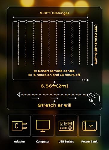 Brightown 2 Pack 300 LED Fairy Curtain Lights, 9.8ft x 9.8ft String Lights | USB Plug in 8 Lighting Modes Christmas String Hanging Lights with Remote for Bedroom Indoor Outdoor Party Xmas Warm White thumbnail 2