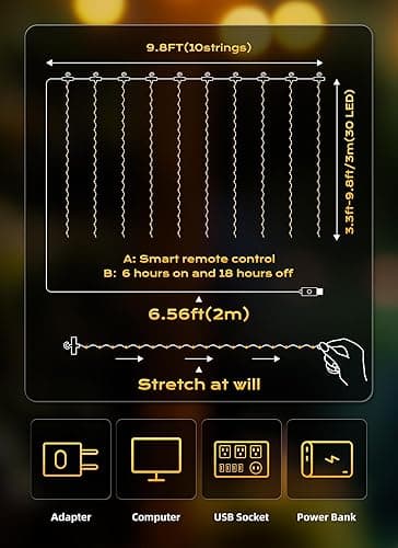 Brightown 300 LED Fairy Curtain Lights, 9.8ft x 9.8ft Warm White Curtain String Lights, USB Plug in 8 Lighting Modes Christmas Decoration, Hanging Lights with Remote for Bedroom Indoor Weddings Dorm - Warm White - 300 LED-Copper Wire thumbnail 2