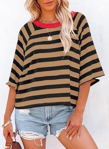 Dokotoo Tops for Women Striped T Shirts Color Block 2026 Summer Basic Tee | Fall Outfits,Short Sleeve,Crewneck,Business Casual,Oversized,Resort Wear,Crop Tops,Cruise Outfits,Fashion Clothing thumbnail 3