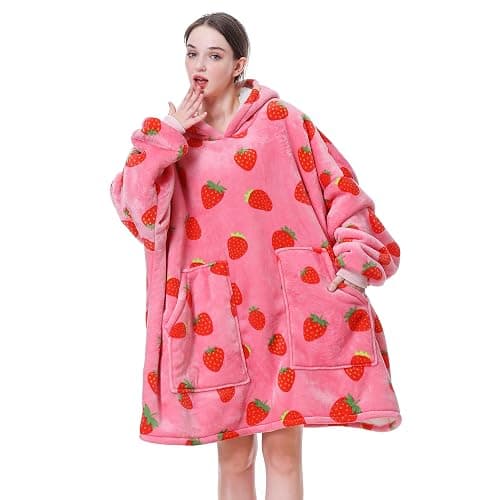 Aemicion Strawberry Blanket Hoodie,Oversized Wearable Blanket,Sherpa Hooded Blanket,Warm Cozy Sweatshirt Blanket Gifts for Women Girls Adult - Strawberry/Adult - Adult thumbnail 2