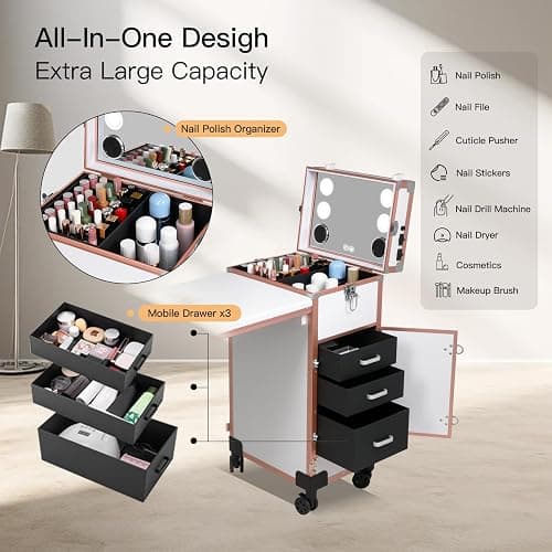 Rolling Portable Manicure Table with 3 Drawers, Lockable Makeup Train Case with Mirror & Nail Polish Organizer, Foldable Nail Desk with Wheels & Handle for Mobile Nail Techs & Salon Use,White thumbnail 7