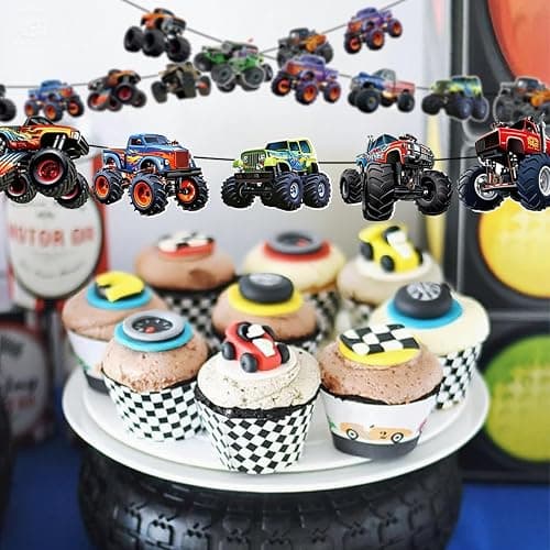 Monster Truck Happy Birthday Banner Truck Car Birthday Decorations Racing Theme Party Decorations Party Decoration Supplies Suitable for Boys Girls Baby Children Decoration thumbnail 4