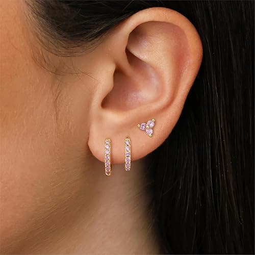 Poxtex Small Hoop Earrings for Women, Diamond Shamrock Stud Huggie Cartilage Earrings Set for Multiple Piercing, 3 Pairs Trendy St Patricks Holiday Jewelry Gifts thumbnail 2