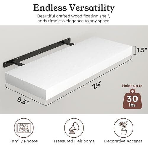 Ornawit 24" White Floating Shelves Wood Wall Shelf, White Color, Set of 2 | Wall Mounted Wood Shelves, For Bathroom, Bedroom, Living Room, Kitchen, Hanging Shelf for Books/Storage/Room Décor thumbnail 3