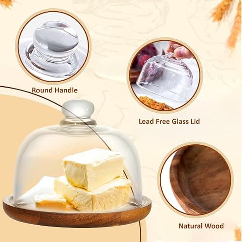 MKLZ Butter Dish with Lid, 6 inch Clear Glass Domed Cheese Dish with Handle, Large Round Butter Tray with Cover, Cute Dessert Serving Bowl for Table, Kitchen Countertop, Refrigerator thumbnail 4