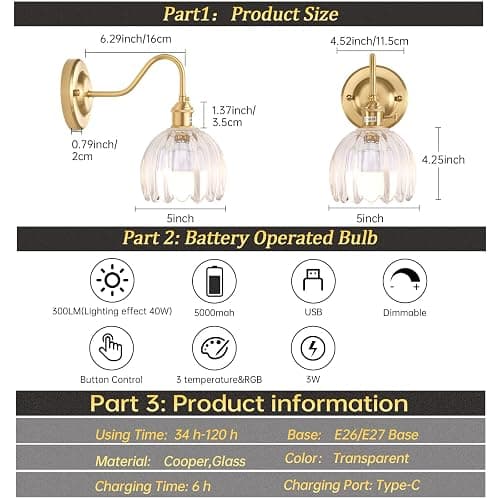 Shenmoyl Vintage Battery Operated Wall Sconce Set of 2, 5000mAh Rechargeable Wall Light, Indoor Battery Powered Wall Lamp for Bedside Bedroom Living Room, Tulip Clear thumbnail 9