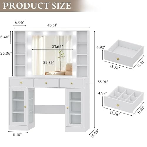 Wodeer Makeup Vanity Desk with Mirror and Lights, White Vanity with Glass Top, LED Lights & Power Outlet, 3 Drawers & 2 RGB Glass Cabinets, Adjustable Lighted Dressing Table for Women & Girls Bedroom thumbnail 2