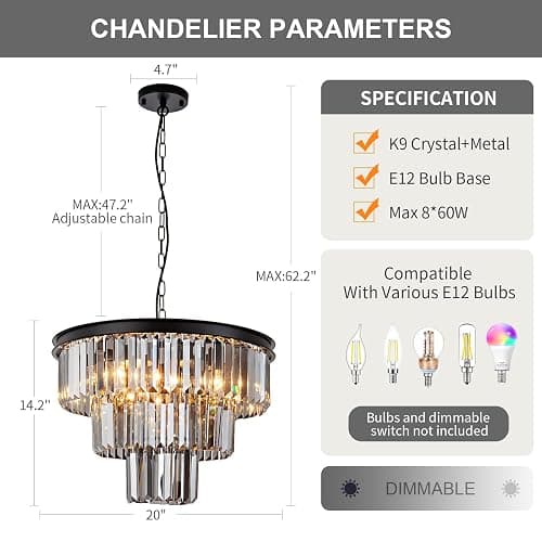 HCCZ 8 Light Black Crystal Chandelier 20'' Luxury Smoke Modern Dining Room Light Fixture 3-Tier Round Hanging Pendant Ceiling Lighting for Entryway Foyer Living Room Adjustable Height E12 thumbnail 3