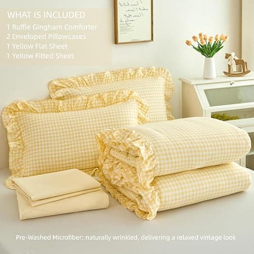 SUCSES Yellow Gingham Ruffle Comforter Set for Kids Twin 5 Pieces Ruffled Plaid Bedding for All Seasons Soft Lightweight Grid Printed Bed Comforter Sets (Yellow Gingham, Twin) thumbnail 7