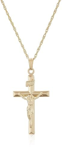 Amazon Essentials 14k Gold Filled Solid Beveled Edge Embossed Crucifix Cross with 14K Gold Filled Chain Pendant Necklace, 18" - Image 1
