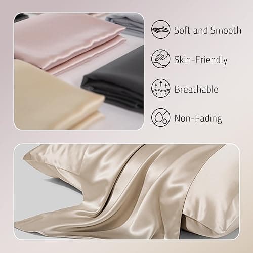 Gabire Mulberry Silk Pillow Case for Hair and Skin Prevent Acne Pillowcases Both Sides Real Silk Pillowcases Organic Silk Pillowcase with Hidden Zipper, Champagne, Queen (20"×30") thumbnail 2