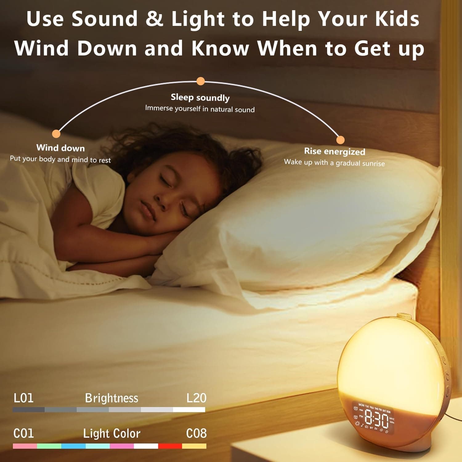 Upgraded Wake-up Light, Smart Sleep Alarm Clock for Kids Adults, Sunrise Sunset Simulation, 7 Natural Sound Machine,FM Radio, 7 Colors LED Night Light, Bedroom Decor Sleep Aid for Hard Sleepers thumbnail 4