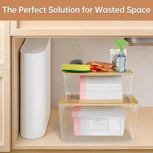COAZEX 2 Pack Trash Bag Holder Under Sink Stackable, Plastic Garbage Dispenser with Lid, Trash Bag Storage Dispenser Roll Holder for Kitchen, Pantry, Laundry Room Organization - Clear thumbnail 7