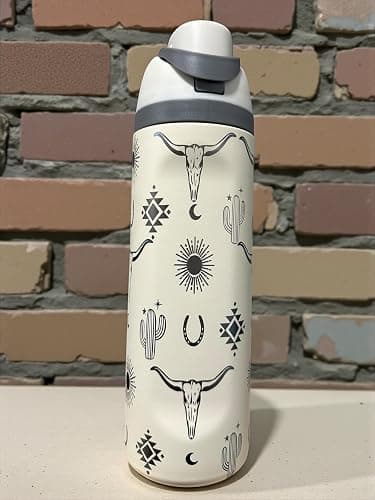 Stainless steel water bottle 40oz cup Longhorn Bottle Bull tumbler Cow gift Western water bottle cup (24oz Cream(90)-Longhorn(D35)) thumbnail 2