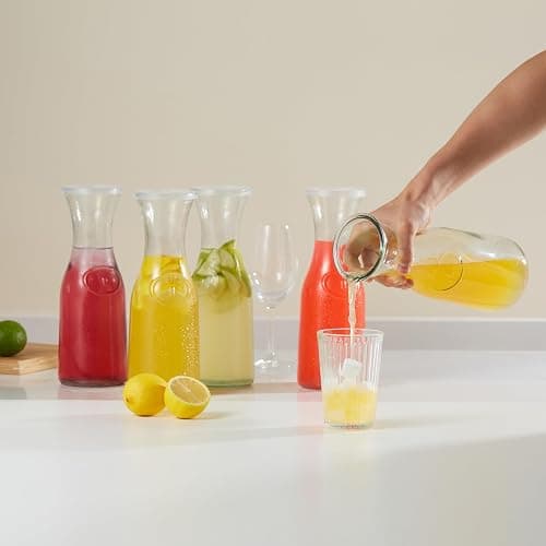 Kook Glass Carafe, Mimosa Bar Supplies, Carafe Pitchers with Lid, Glass Water Pitcher, Drink Dispensers for Parties, Tea, Wine, and Juice, Plastic Lids, Dishwasher Safe, 35 oz (set of 4) thumbnail 2