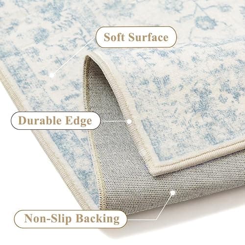 PureCozy 5x7 Blue Area Rug Non Slip Vintage Living Room Distressed Machine Washable Carpet Traditional Indoor Bedroom Blue Retro Floral Accent Throw Rug for Office Kitchen Dorm Dining Room thumbnail 3