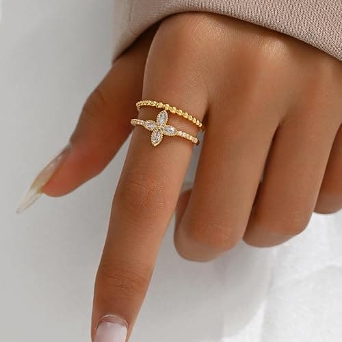 Jewigo Open Stackable Rings for Women 18K Gold Plated Dainty Cubic Zirconia Wave Cuban Link Chain Flower Feather Hollow Out Adjustable Stacking Rings Wedding Jewelry Gifts thumbnail 4