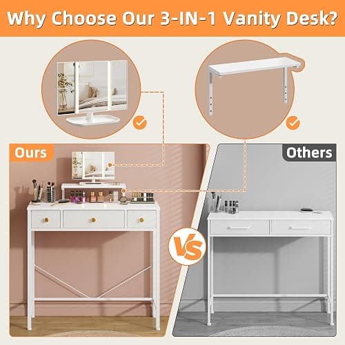 HIGDBFE Vanity Desk with Mirror & Lights and 3 Fabric Drawers, Makeup Vanity Table with Adjustable Stand, Dressing Vanity Table for Bedroom, Computer Desk for Small Spaces, 27.5''W, White thumbnail 7