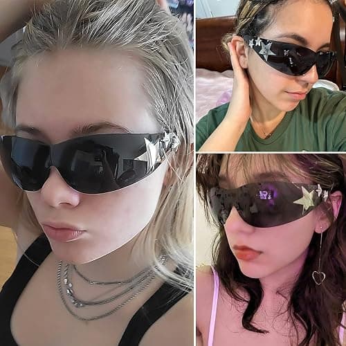 Haqptul Rimless Y2K Sunglasses Star Wrap Around Glasses 2000S Accessories for Women Men Trendy Fashion Cool Shield Shades thumbnail 4