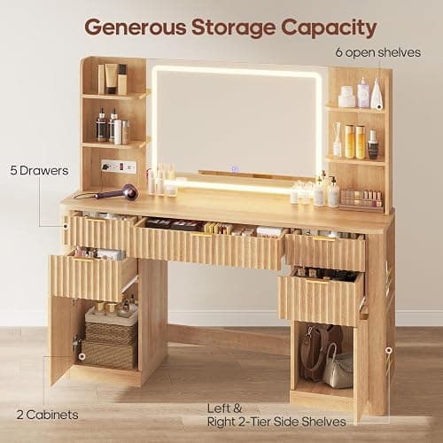 HAUOMS 51.2" Fluted Makeup Vanity Desk with Large 30.3" Mirror and Lights, 5 Drawer Vanity with Power Strip, 6 Open Shelves, 2 Cabinet，Modern Dressing Table with Solid Wood Legs for Bedroom, Oak thumbnail 5