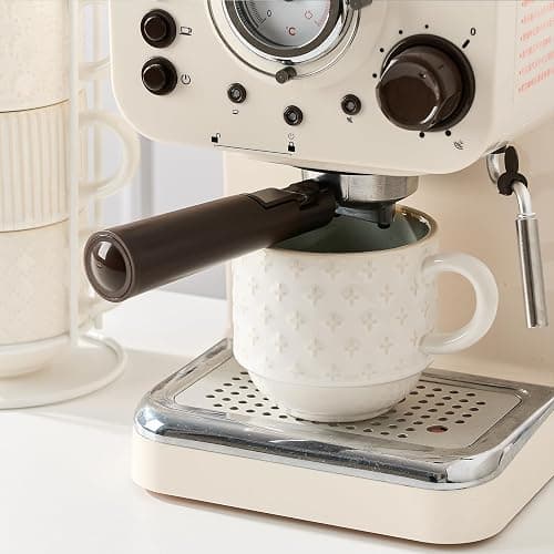 JIEMEI HOME Large Ceramic Coffee Mug Set of 4 with Stand, 15 Oz Stackable Different Embossment Ribbed Latte Cup Set for Cappuccino, Tea, Hot Cocoa, Drinks - Dishwasher & Microwave Safe, White & Green thumbnail 4