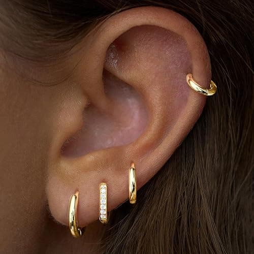 Christmas Earrings Small Gold Huggie Hoop Earrings Set for Women Men Hypoallergenic 14K Plated Stack Cartilage Earrings, Multiple Piercing Lightweight Mini Thin Cute Dainty Trendy Jewelry Set Christmas Gifts for Women thumbnail 3