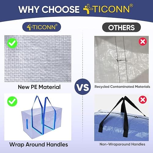 TICONN 6 Pack Extra Large Moving Bags Heavy Duty with Zippers & Carrying Handles, Durable Storage Bags Moving Boxes for Closet Organizers and Storage (6 Pack, Blue) thumbnail 5