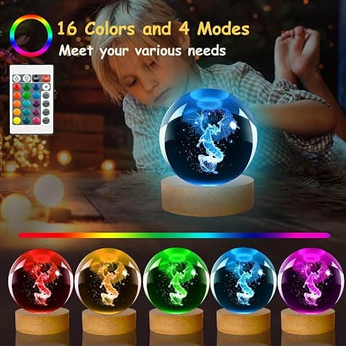 LINSINA Dragon Lamp, 80mm 16 Colors Crystal Ball Night Light with Wooden Base and Remote Control, Birthday Gift and Dragon Gifts for Women Men Kids thumbnail 2
