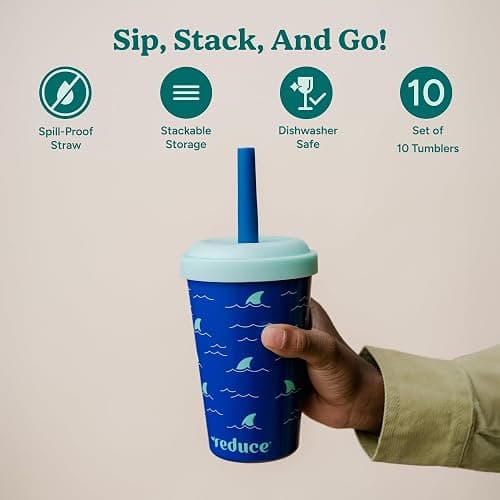 REDUCE GoGo's Kids Portable Tumbler Cups with Lids and Spill-Proof Straws - 10 Pack of Stackable 12 oz Tumblers with Twist-On Lids - Easy Storage, Dishwasher Safe - Club House thumbnail 2