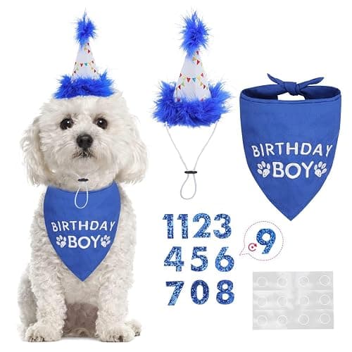 BINGPET Dog Birthday Party Supplies,Dog Birthday Hat Bandana Set,Soft Birthday Boy Triangle Scarf and Number Hat, Cute Birthday Party Supplies with 0-8 Figures for Small Medium Large Dogs Pets - Image 1