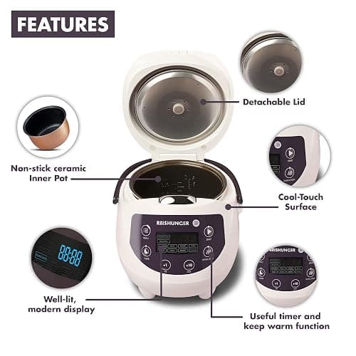 Reishunger Digital Mini Rice Cooker & Steamer, Pink with Keep-Warm Function & Timer - 3.5 Cups - Small Rice Cooker Japanese Style with Ceramic Inner Pot - 8 Programs - 1-3 People - Pink thumbnail 4
