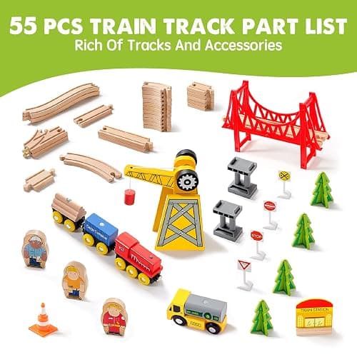 Tiny Land 55PCS Wooden Train Set - Compatible with Major Brand Tracks, Educational Toy for Toddlers & Kids Ages 3-7, Durable Wooden Railway Tracks thumbnail 7