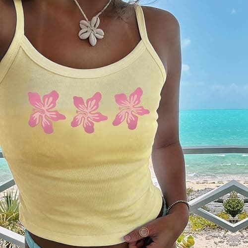Women Floral Tank Tops Y2K Sleeveless Scoop Neck Spaghetti Strap Crop Cami Shirt Teen Girls Summer Coastal Top thumbnail 4