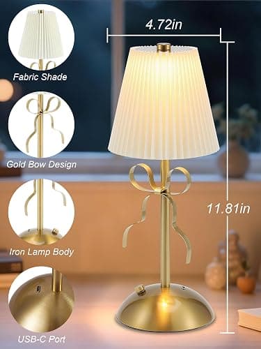 CryzhalinX Cordless Table Lamp,Small Desk Lamp with 3 Color,Touch Dimmable Bedsdie Lamps,Bow Lamp with Fabric Shade,LED Night Light for Girls Room Princess Room Decor(Gold) thumbnail 5