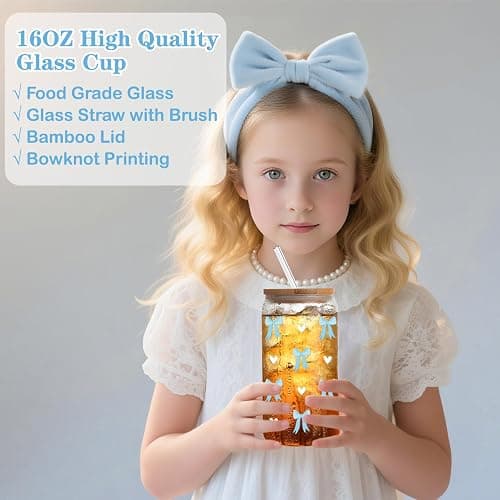 Gifts for Girls Teenage 9 10 11 12 13 14 Year Old, Valentine's Day Birthday Gifts for Girls Age 8-15, Glass Cup with Lid and Straw, Makeup Brushes Cosmetic Bag Necklace Socks Headband, Bow Coffee Cup thumbnail 3