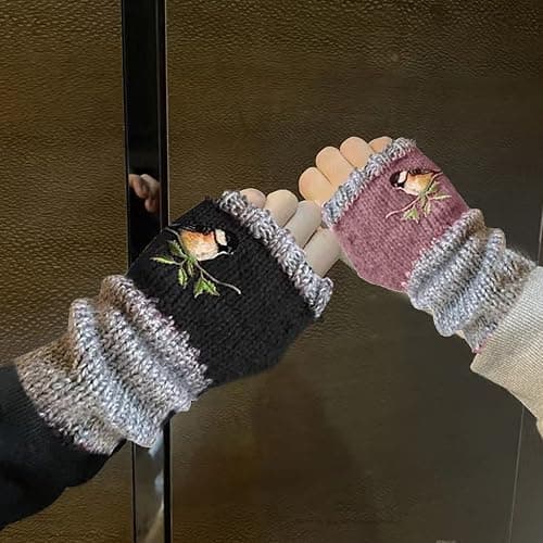 FOOMER Warm Patchwork Embroidered Fingerless Gloves with Vintage Knitted Design and Bird Embroidery thumbnail 2
