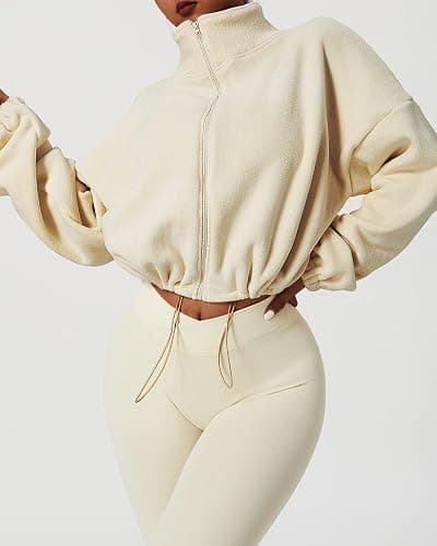 QINSEN Women's Full Zip Fleece Short Jacket Warm Winter Long Sleeve Stand Collar Sherpa Crop Coat thumbnail 5