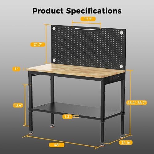 CAMMOO 48" Heavy Duty Work Bench Adjustable Height Max Load 2000 LBS with Storage Shelf for Garage Workbench, Rubberwood Tabletop with Pegboard, LED Light, Built-in Power Strip for Woodworking Shop thumbnail 9