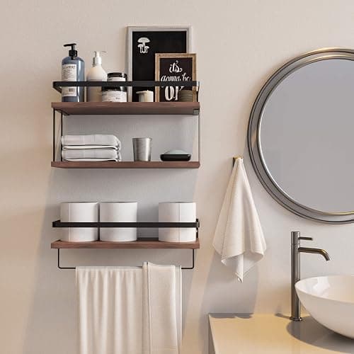 RICHER HOUSE 2+1 Tier Wall Mounted Floating Shelves Set of 2, Rustic Wood Shelf with Metal Frame, Extra Storage Rack for Bathroom, Kitchen, Bedroom with Tissue Rack & Towel Bar - Rustic Brown thumbnail 5