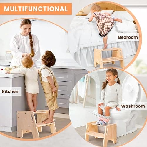 Toddler Step Stool, Wooden Height-Adjustable 2-Step Stool for Kids, Potty Training Stool with Handles for Bathroom Sink, Kitchen, Bedroom thumbnail 6